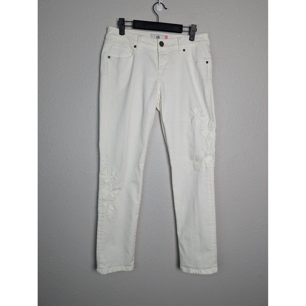 Cabi Slim Boyfriend Jeans White Floral Embroidered Denim Pants Size 4 Womens